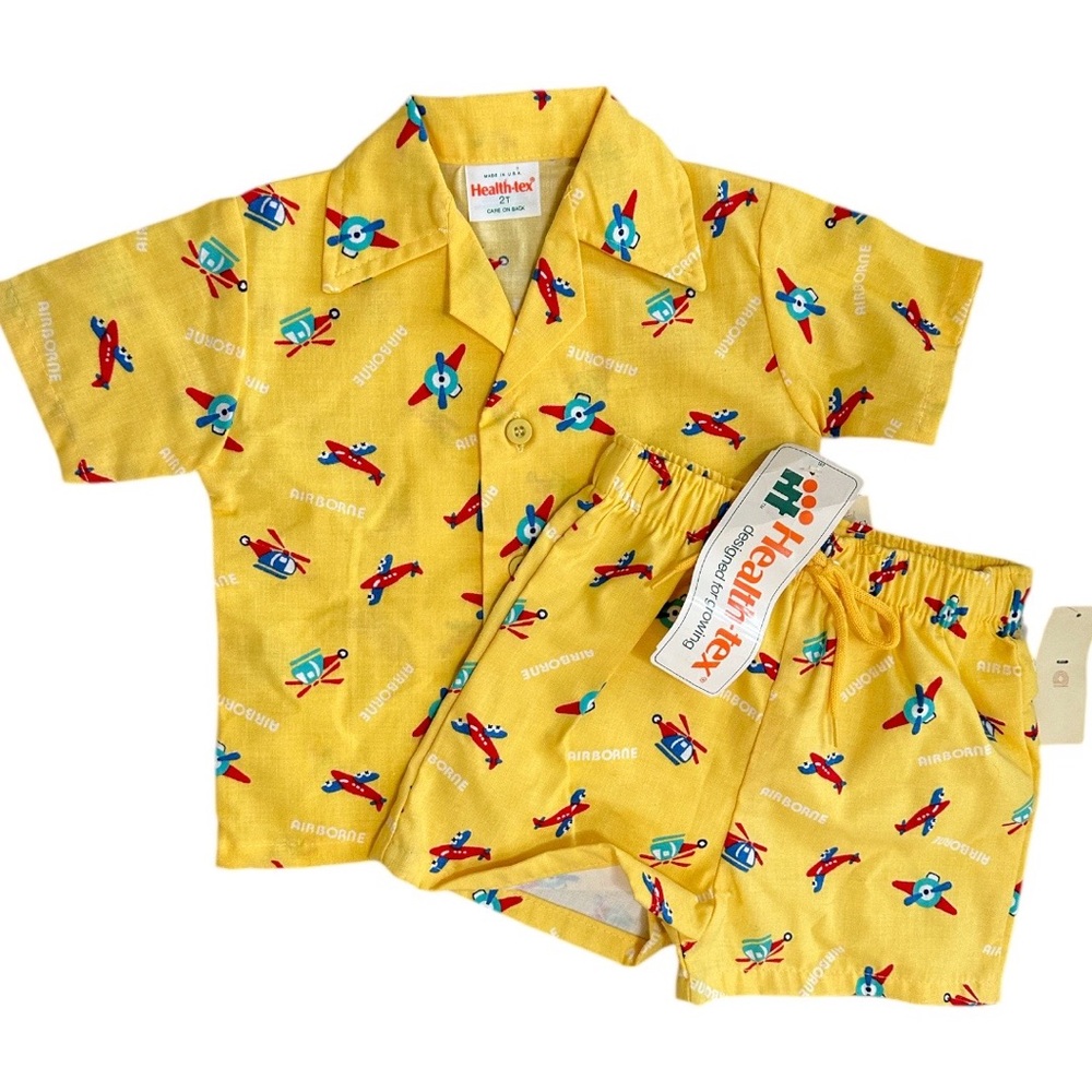 NEW Vintage Healthtex Toddler Yellow Airplane Outfit Set Button Down & Shorts - Picture 13 of 16